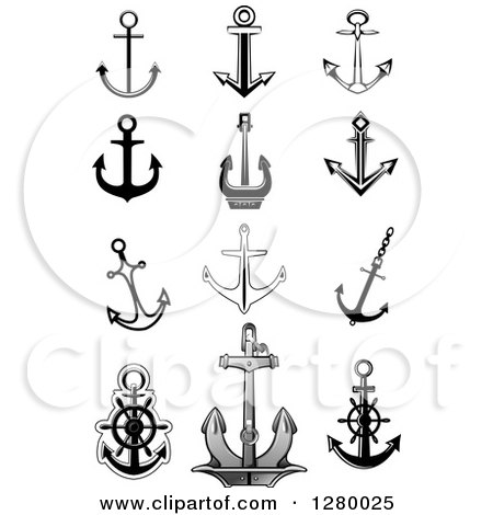Clipart of Black and White and Gray Nautical Anchor Designs - Royalty Free Vector Illustration by Vector Tradition SM