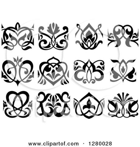 Clipart of Black and White Ornate Floral Designs and Hearts - Royalty Free Vector Illustration by Vector Tradition SM