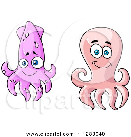 Clipart of a Cute Cartoon Pink Octopus and Purple Squid - Royalty Free Vector Illustration by Vector Tradition SM