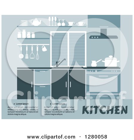Clipart of a Blue Kitchen Interior Design with Sample Text - Royalty Free Vector Illustration by Vector Tradition SM
