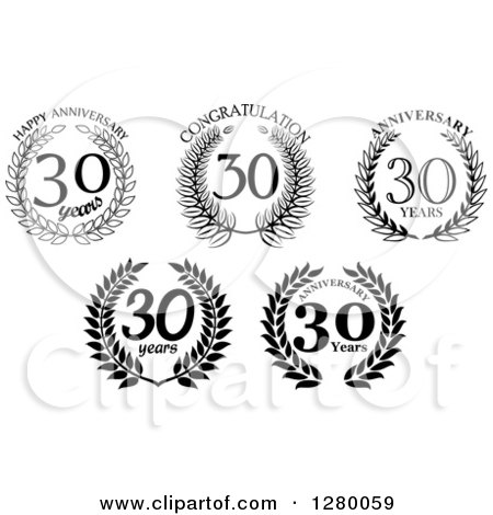 Clipart of Black and White 30 Year Anniversary Wreath Designs - Royalty Free Vector Illustration by Vector Tradition SM
