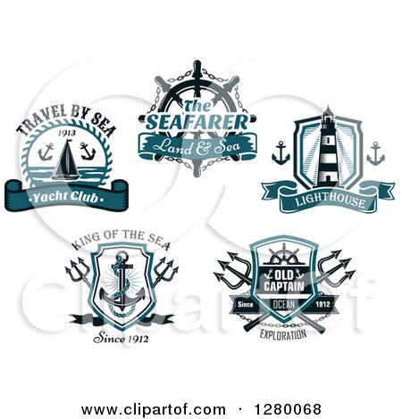 Clipart of Nautical Yacht, Helm Lighthouse, Anchor and Trident Designs - Royalty Free Vector Illustration by Vector Tradition SM