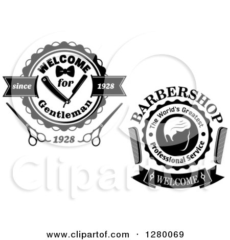 Clipart of a Welcome for Gentleman Barber Shop Design with a Comb and Scissors - Royalty Free Vector Illustration by Vector Tradition SM