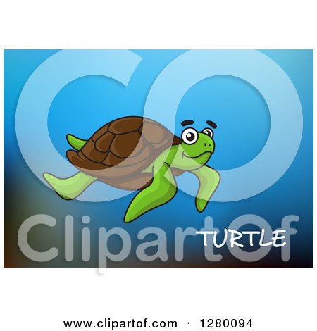 Clipart of a Swimming Sea Turtle and Text over Blue - Royalty Free Vector Illustration by Vector Tradition SM