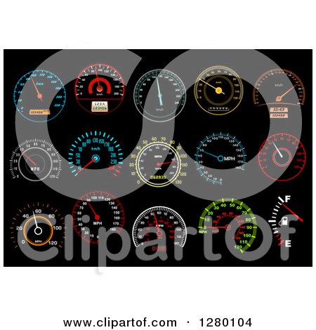 Clipart of Colorful Illuminated Speedometers on Black 2 - Royalty Free Vector Illustration by Vector Tradition SM