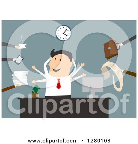 Clipart of a Happy Businessman Multi Tasking at an Office - Royalty Free Vector Illustration by Vector Tradition SM