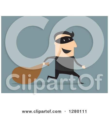 Clipart of a Happy Male Bank Robber Running with a Sack on Blue - Royalty Free Vector Illustration by Vector Tradition SM