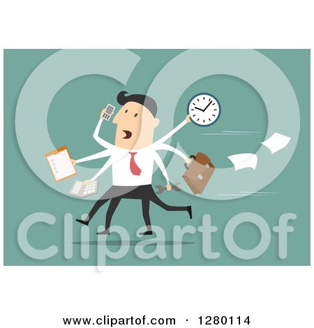 Clipart of a Stressed Businessman Multitasking and Running on Green - Royalty Free Vector Illustration by Vector Tradition SM