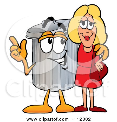 Clipart Picture of a Garbage Can Mascot Cartoon Character Talking to a Pretty Blond Woman by Mascot Junction