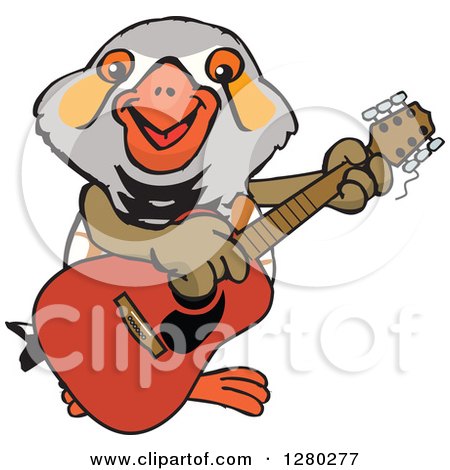 Clipart of a Happy Zebra Finch Playing an Acoustic Guitar - Royalty Free Vector Illustration by Dennis Holmes Designs