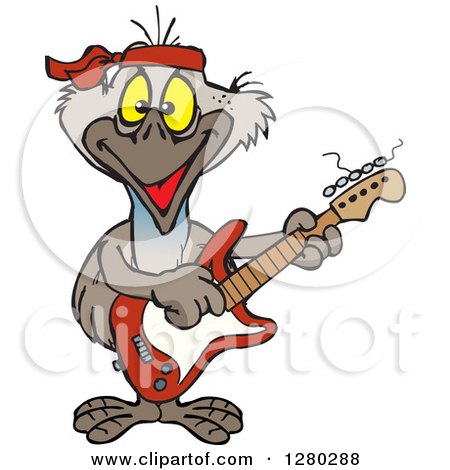 Clipart of a Happy Emu Bird Playing an Electric Guitar - Royalty Free Vector Illustration by Dennis Holmes Designs