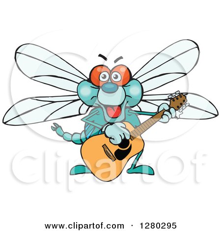Clipart of a Happy Dragonfly Playing an Acoustic Guitar - Royalty Free Vector Illustration by Dennis Holmes Designs
