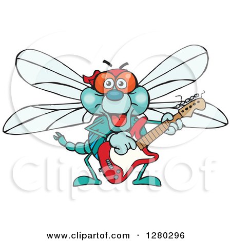 Clipart of a Happy Dragonfly Playing an Electric Guitar - Royalty Free Vector Illustration by Dennis Holmes Designs
