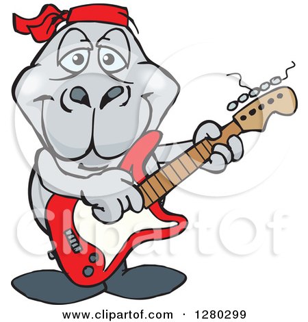 Clipart of a Happy Dugong Playing an Electric Guitar - Royalty Free Vector Illustration by Dennis Holmes Designs