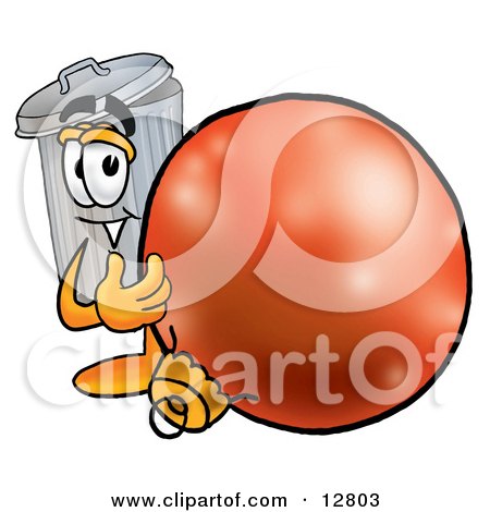 Clipart Picture of a Garbage Can Mascot Cartoon Character Standing With a Christmas Bauble by Mascot Junction