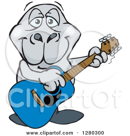 Clipart of a Happy Dugong Playing an Acoustic Guitar - Royalty Free Vector Illustration by Dennis Holmes Designs