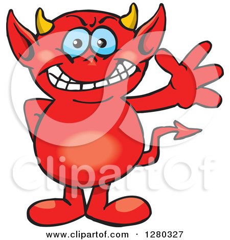 Clipart of a Happy Blue Eyed Red Devil Waving - Royalty Free Vector Illustration by Dennis Holmes Designs