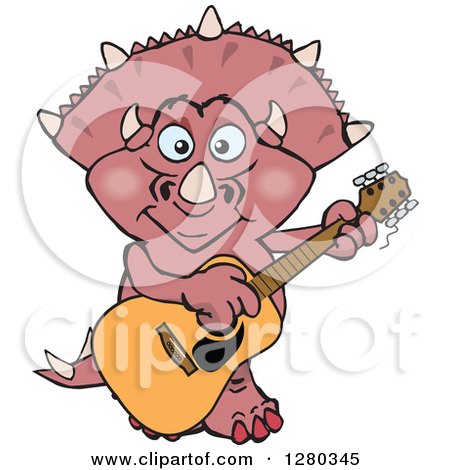 Clipart of a Happy Triceratops Dinosaur Playing an Acoustic Guitar - Royalty Free Vector Illustration by Dennis Holmes Designs