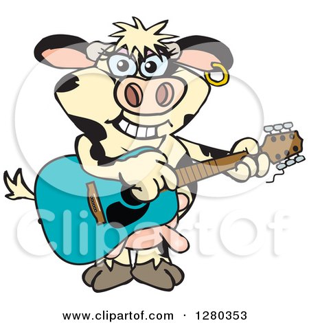 Clipart of a Happy Holstein Cow Playing an Acoustic Guitar - Royalty Free Vector Illustration by Dennis Holmes Designs
