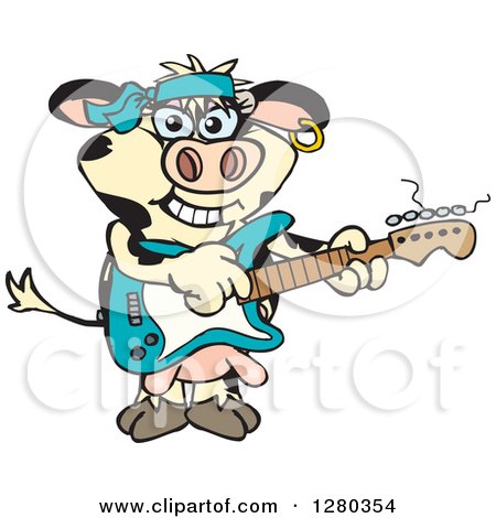 Clipart of a Happy Holstein Cow Playing an Electric Guitar - Royalty Free Vector Illustration by Dennis Holmes Designs