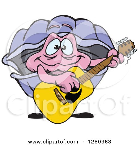 Clipart of a Happy Clam Playing an Acoustic Guitar - Royalty Free Vector Illustration by Dennis Holmes Designs