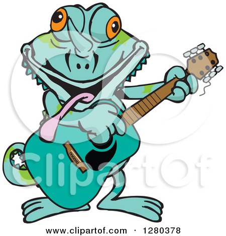 Clipart of a Happy Chameleon Lizard Playing an Acoustic Guitar - Royalty Free Vector Illustration by Dennis Holmes Designs