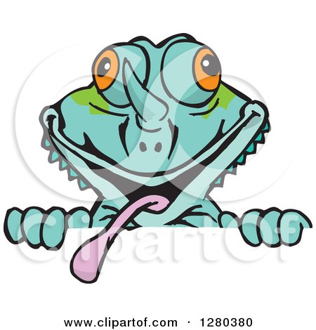 Clipart of a Happy Chameleon Lizard Peeking over a Sign - Royalty Free Vector Illustration by Dennis Holmes Designs