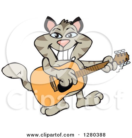 Clipart of a Happy Tabby Cat Playing an Acoustic Guitar - Royalty Free Vector Illustration by Dennis Holmes Designs
