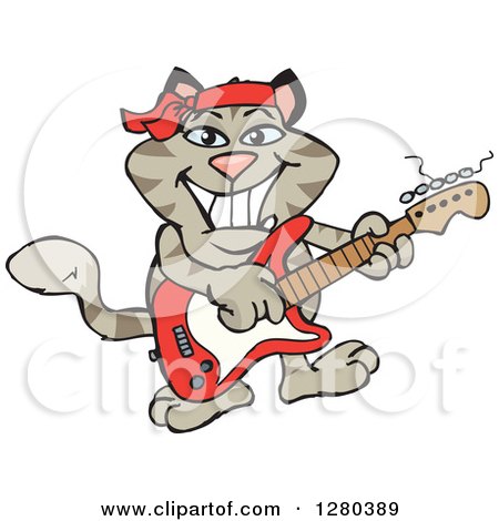 Clipart of a Happy Tabby Cat Playing an Electric Guitar - Royalty Free Vector Illustration by Dennis Holmes Designs