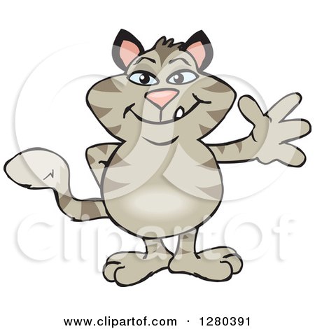 Clipart of a Happy Striped Tabby Cat Waving - Royalty Free Vector Illustration by Dennis Holmes Designs