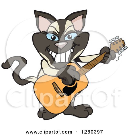 Clipart of a Happy Siamese Cat Playing an Acoustic Guitar - Royalty Free Vector Illustration by Dennis Holmes Designs