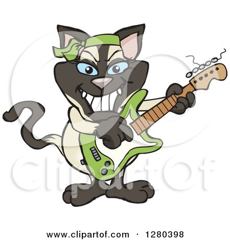 Clipart of a Happy Siamese Cat Playing an Electric Guitar - Royalty Free Vector Illustration by Dennis Holmes Designs