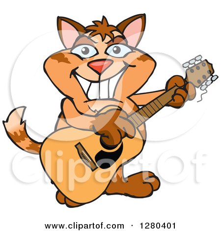 Clipart of a Happy Ginger Tabby Cat Playing an Acoustic Guitar - Royalty Free Vector Illustration by Dennis Holmes Designs