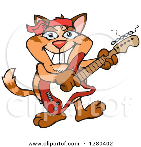 Clipart of a Happy Ginger Tabby Cat Playing an Electric Guitar - Royalty Free Vector Illustration by Dennis Holmes Designs