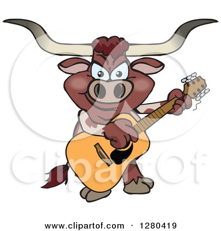 Clipart of a Texas Longhorn Bull Playing an Acoustic Guitar - Royalty Free Vector Illustration by Dennis Holmes Designs