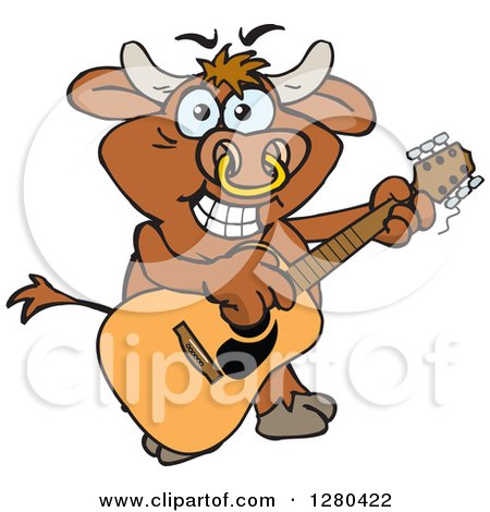 Clipart of a Happy Bull Playing an Acoustic Guitar - Royalty Free Vector Illustration by Dennis Holmes Designs