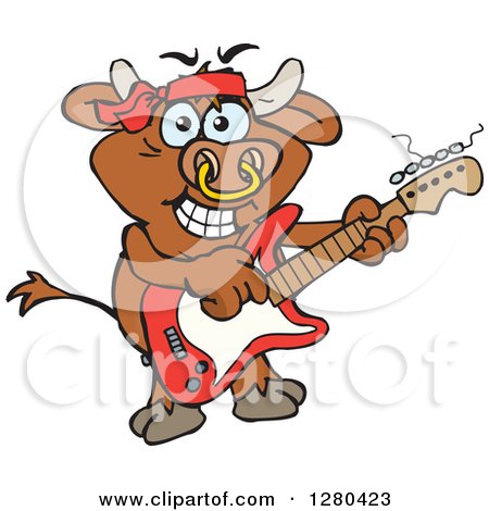 Clipart of a Happy Bull Playing an Electric Guitar - Royalty Free Vector Illustration by Dennis Holmes Designs