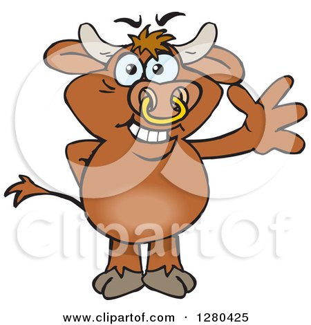 Clipart of a Friendly Waving Brown Bull - Royalty Free Vector Illustration by Dennis Holmes Designs