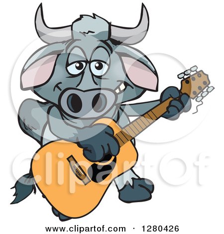 Clipart of a Happy Brahman Bull Playing an Acoustic Guitar - Royalty Free Vector Illustration by Dennis Holmes Designs