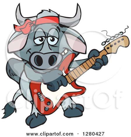 Clipart of a Happy Brahman Bull Playing an Electric Guitar - Royalty Free Vector Illustration by Dennis Holmes Designs
