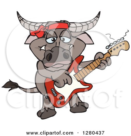 Clipart of a Happy Buffalo Playing an Electric Guitar - Royalty Free Vector Illustration by Dennis Holmes Designs