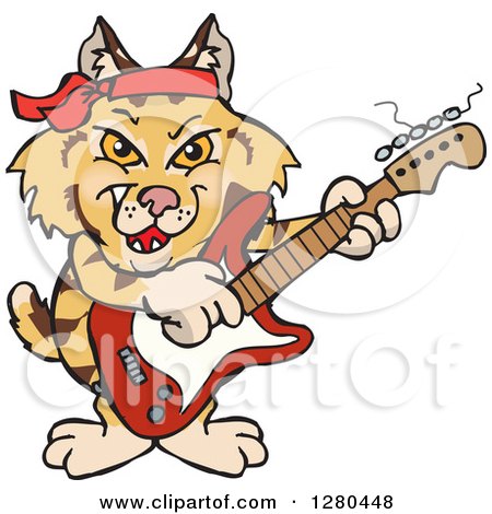 Clipart of a Happy Bobcat Playing an Electric Guitar - Royalty Free Vector Illustration by Dennis Holmes Designs