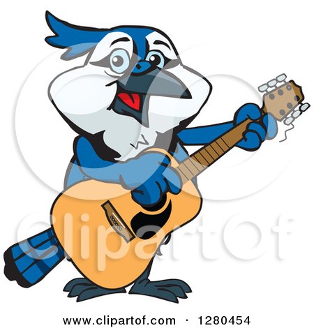 Clipart of a Happy Blue Jay Playing an Acoustic Guitar - Royalty Free Vector Illustration by Dennis Holmes Designs