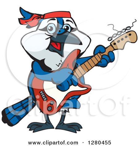 Clipart of a Happy Blue Jay Playing an Electric Guitar - Royalty Free Vector Illustration by Dennis Holmes Designs