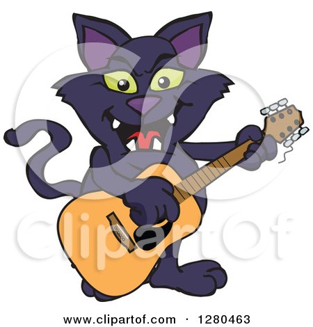 Clipart of a Black Cat Playing an Acoustic Guitar - Royalty Free Vector Illustration by Dennis Holmes Designs