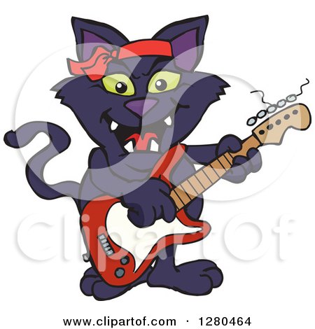 Clipart of a Black Cat Playing an Electric Guitar - Royalty Free Vector Illustration by Dennis Holmes Designs