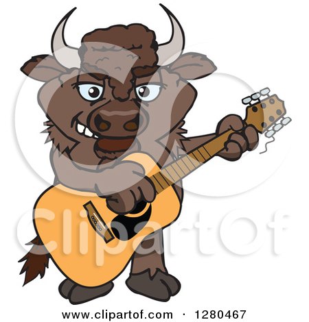 Clipart of a Happy Bison Playing an Acoustic Guitar - Royalty Free Vector Illustration by Dennis Holmes Designs