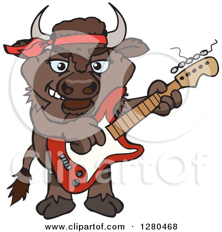 Clipart of a Happy Bison Playing an Electric Guitar - Royalty Free Vector Illustration by Dennis Holmes Designs