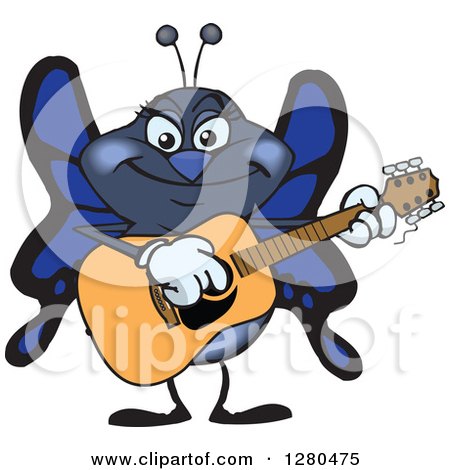 Clipart of a Happy Blue Butterfly Playing an Acoustic Guitar - Royalty Free Vector Illustration by Dennis Holmes Designs