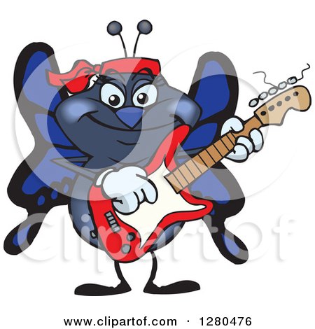 Clipart of a Happy Blue Butterfly Playing an Electric Guitar - Royalty Free Vector Illustration by Dennis Holmes Designs